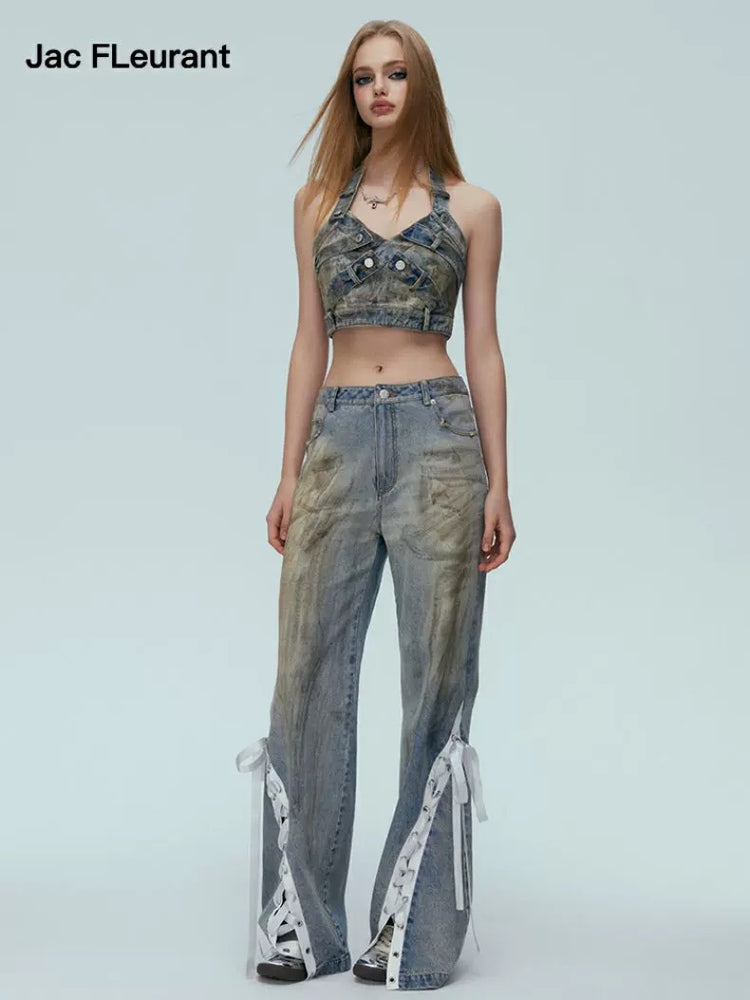 Distressed Satin Ribbon Jeans