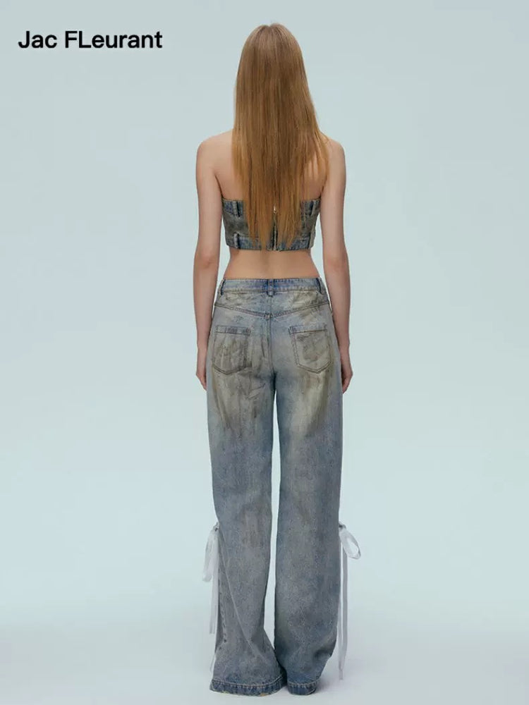 Distressed Satin Ribbon Jeans