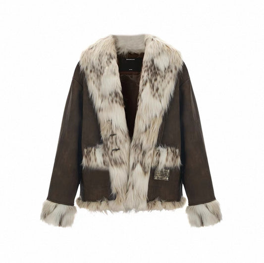 Snow Leopard Faux Fur Biker Jacket