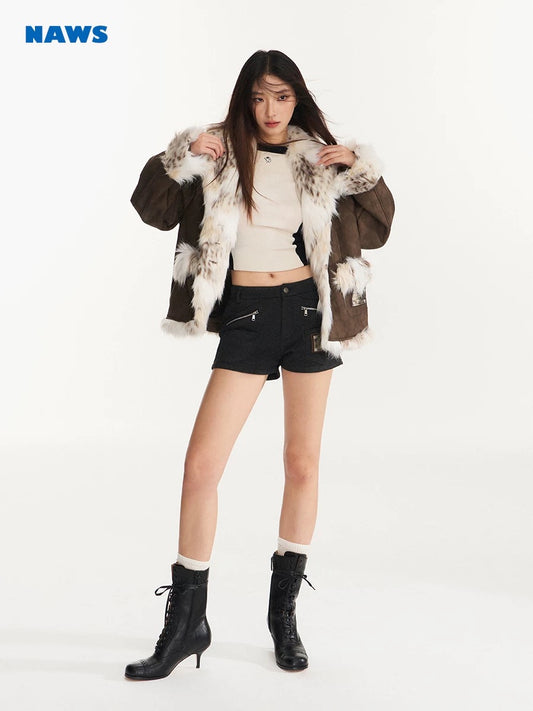 Snow Leopard Faux Fur Biker Jacket