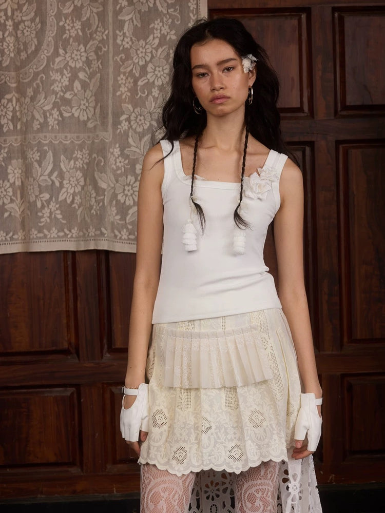 White Chest Flower Stretch Tank Top