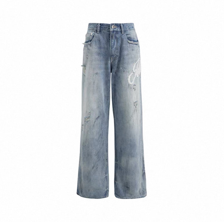 Embroidered Washed Wide-Leg Jeans