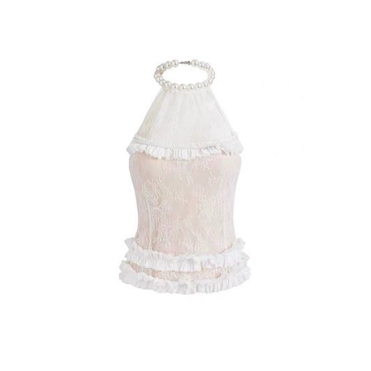 Halter Neck Lace Chiffon Patchwork Top