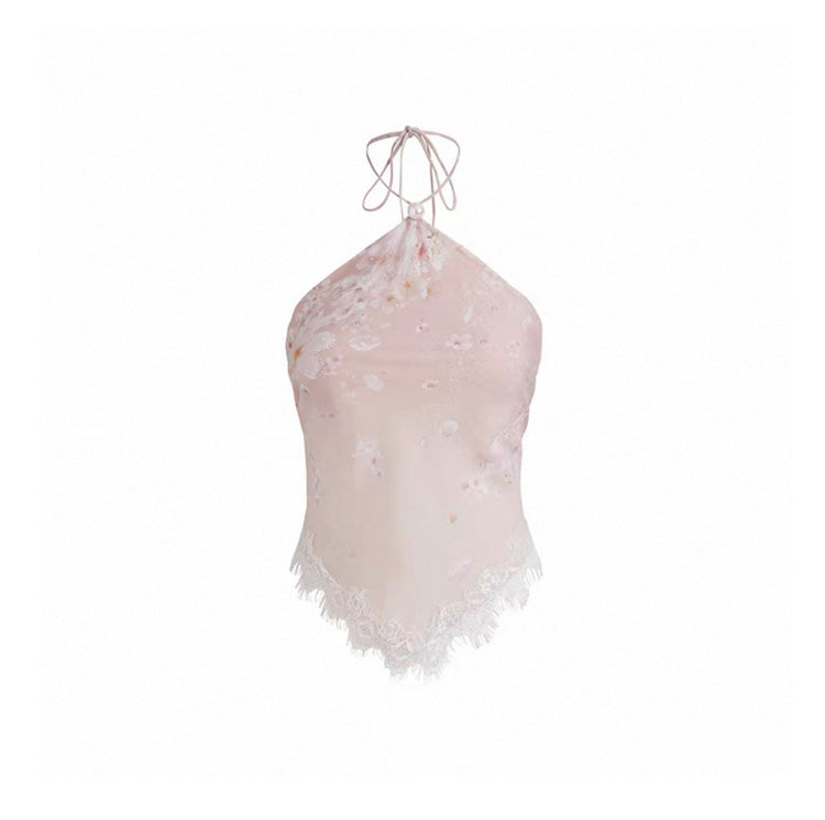 Printed Patchwork Lace Halter Top