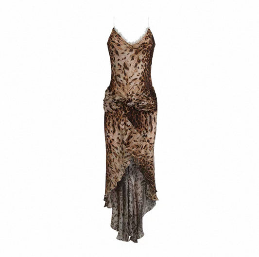 Leopard Print Lace Patchwork Slit Mermaid Dress