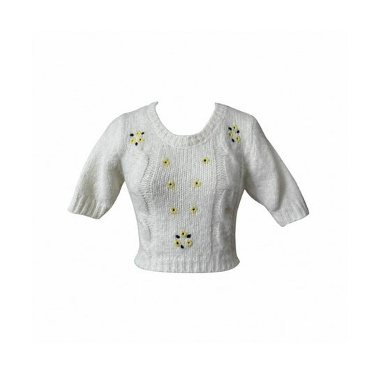 Small Yellow Flower Mid-Sleeve Knitted Top
