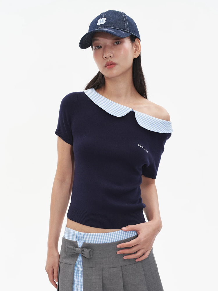 Plaid Patchwork Off-shoulder Knit Top