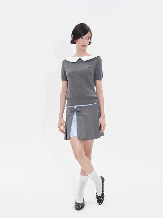 Plaid Patchwork Off-shoulder Knit Top