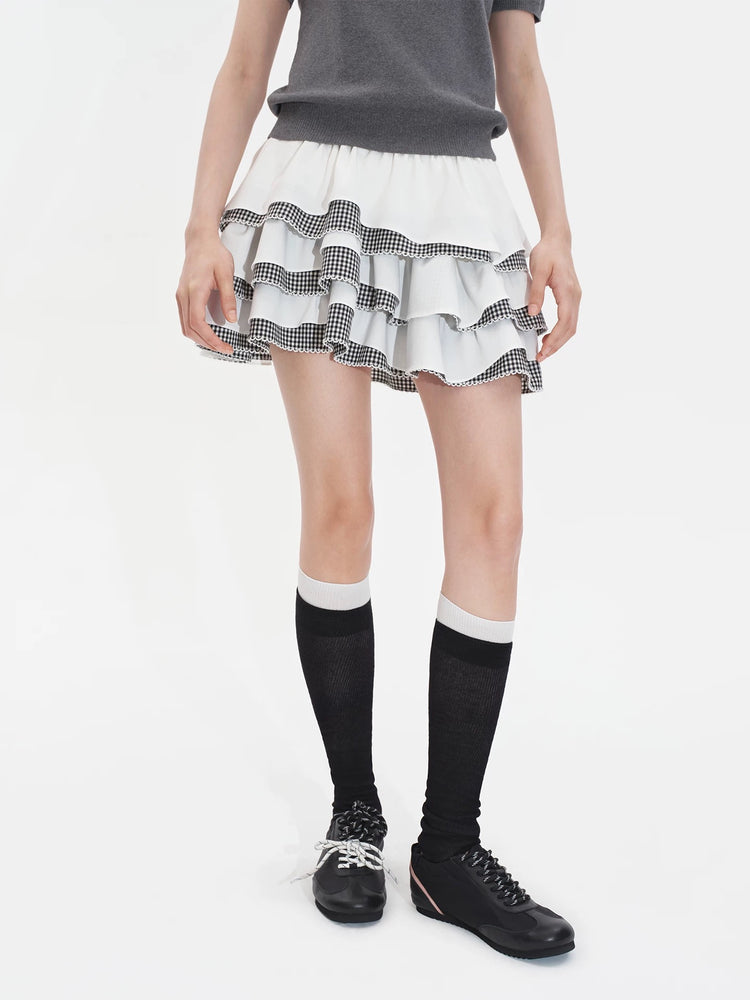 Irregular Plaid Patchwork Tiered Skirt