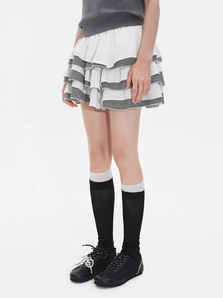 Irregular Plaid Patchwork Tiered Skirt