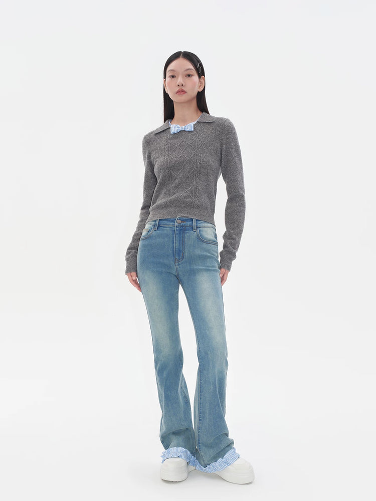 Plaid Patchwork Peter Pan Collar Knit Sweater