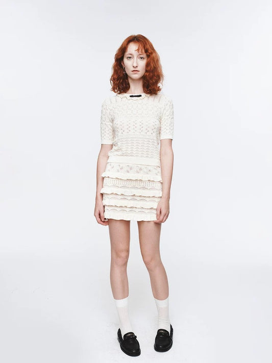 Ruffled Trim Hollow-Out T-Shirt