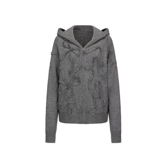 Hooded Braided Bow Knit Cardigan