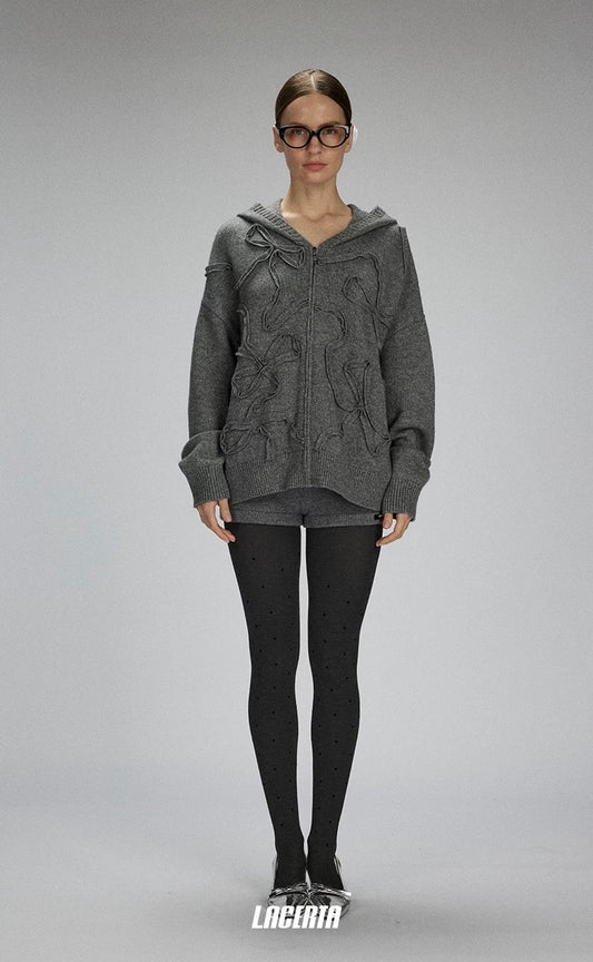 Hooded Braided Bow Knit Cardigan