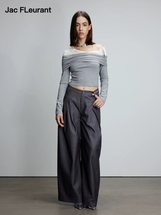 Shirt Collar Patchwork One-Shoulder Top