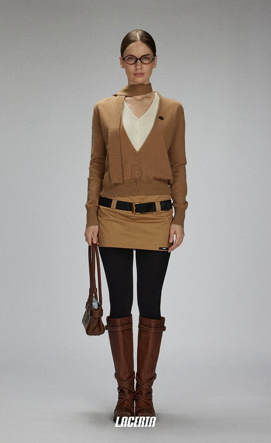 V-neck Two-in-one Style Knitted Ribbon Cardigan