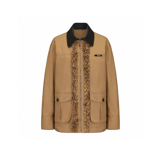 Leather Collar Lace-trimmed Placket Short Coat