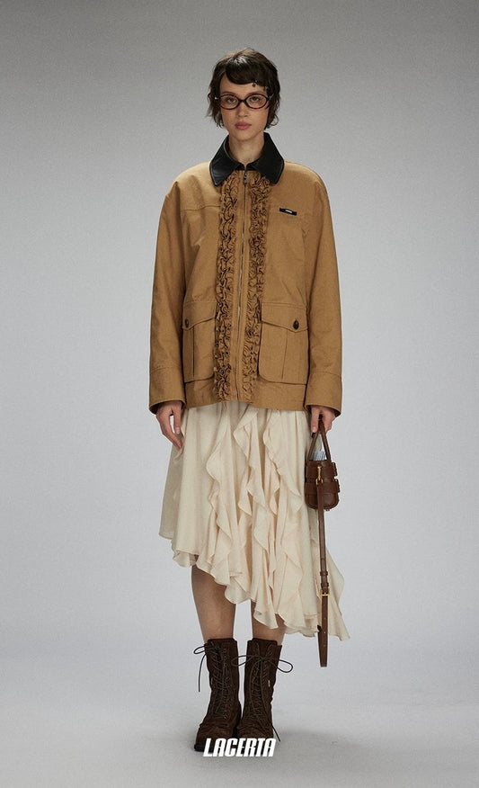 Leather Collar Lace-trimmed Placket Short Coat