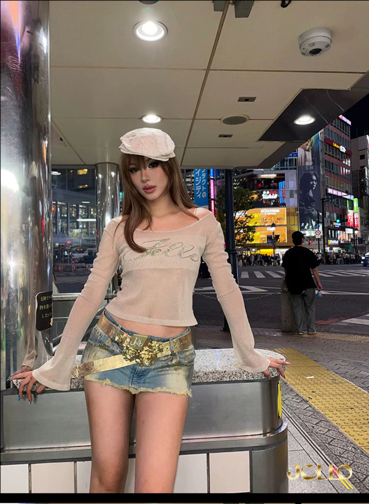 Gold-foil Pocket Coin Button Denim Skirt