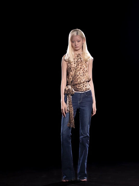 Leopard Print Rhinestone Chain Halter Top