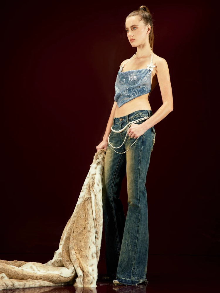 Gold Thread Embroidered Studded Flared Jeans