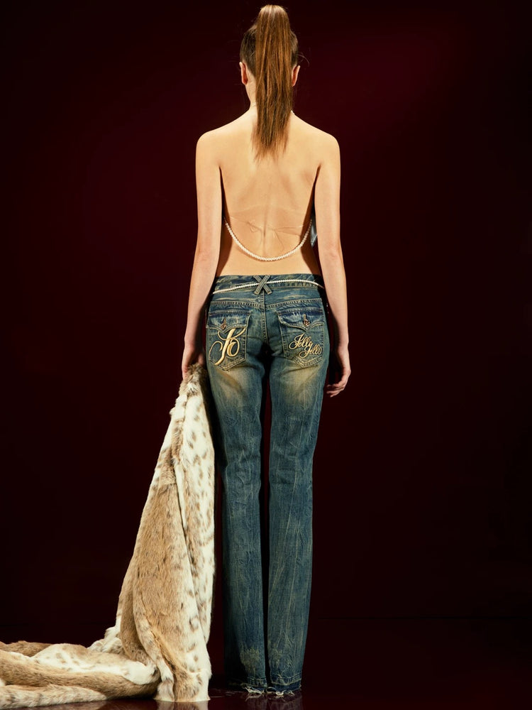 Gold Thread Embroidered Studded Flared Jeans