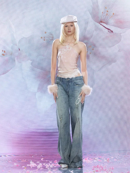 Embroidered Washed Wide-Leg Jeans