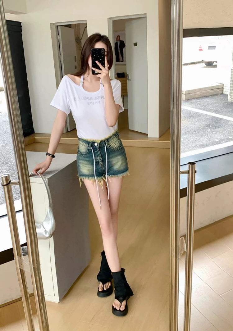 Sparkly Drawstring Denim Mini Skirt