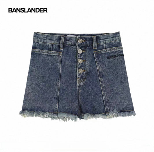 Large Pockets Button-front Denim Shorts
