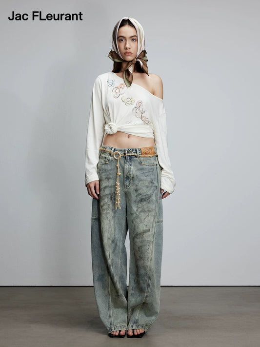 Colorful Logo One-Shoulder Long-Sleeve Top