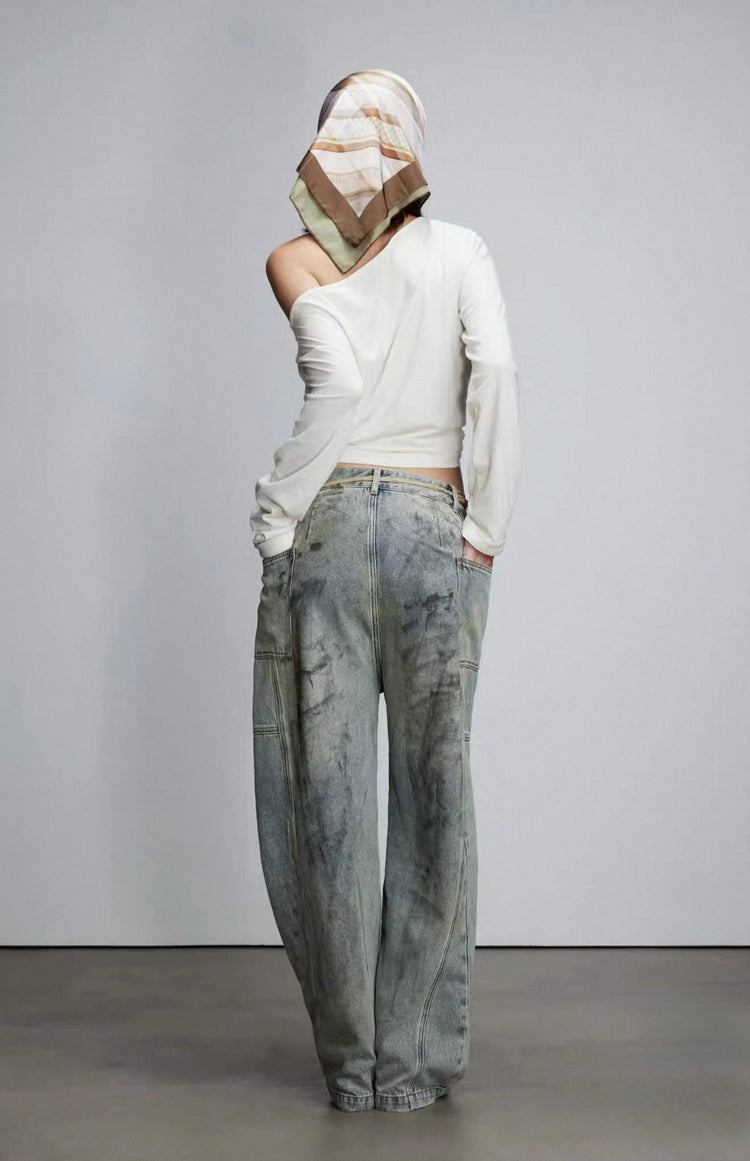 Colorful Logo One-Shoulder Long-Sleeve Top