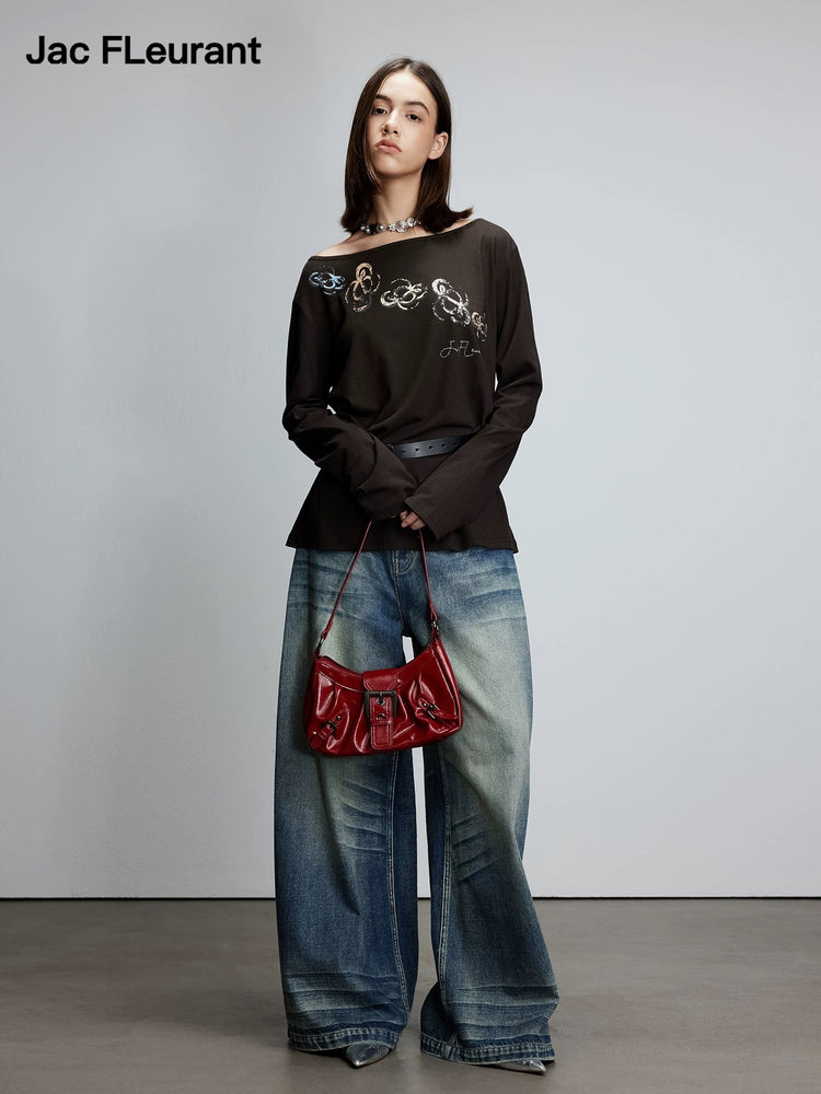 Colorful Logo One-Shoulder Long-Sleeve Top