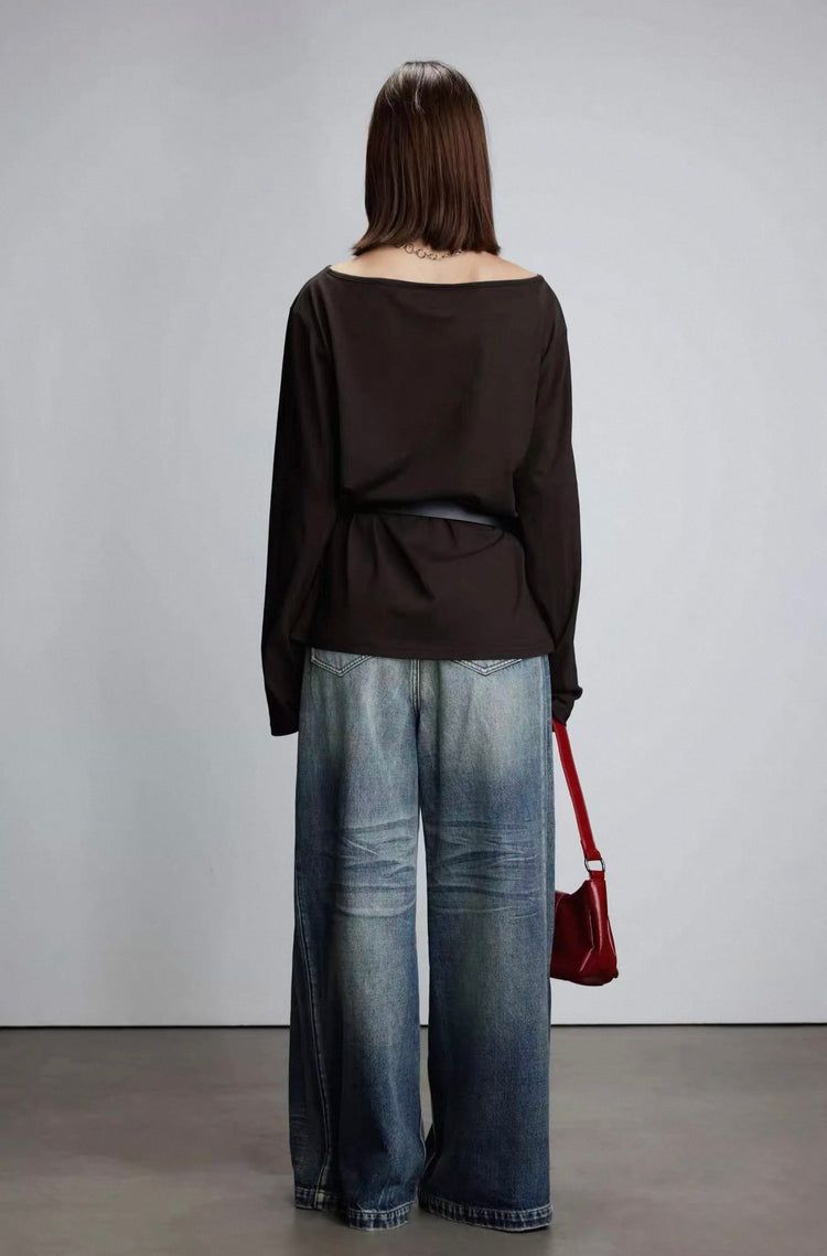 Colorful Logo One-Shoulder Long-Sleeve Top