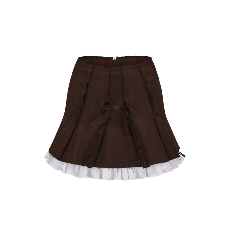 Frayed Patchwork Bow Pleated Skirt