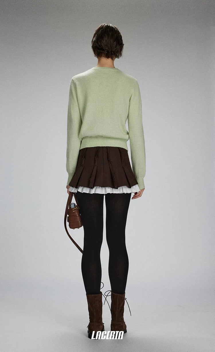 Frayed Patchwork Bow Pleated Skirt