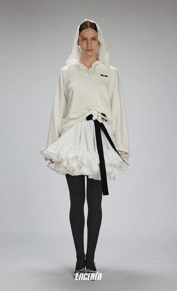 Oversized Lace-Hood Fleece Sweatshirt