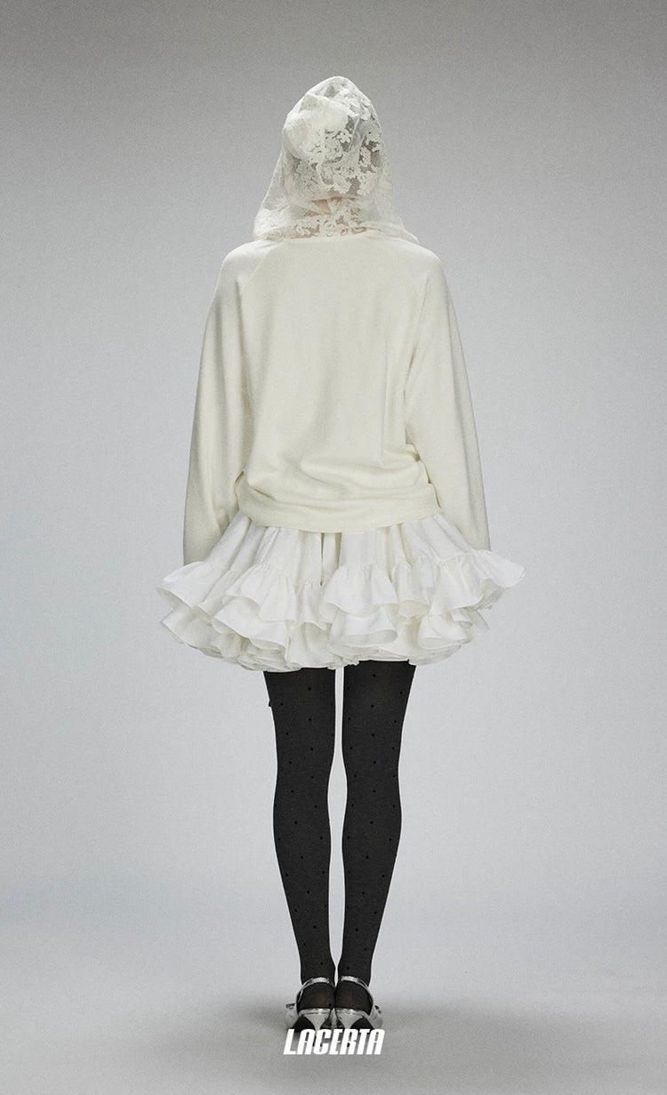 Oversized Lace-Hood Fleece Sweatshirt