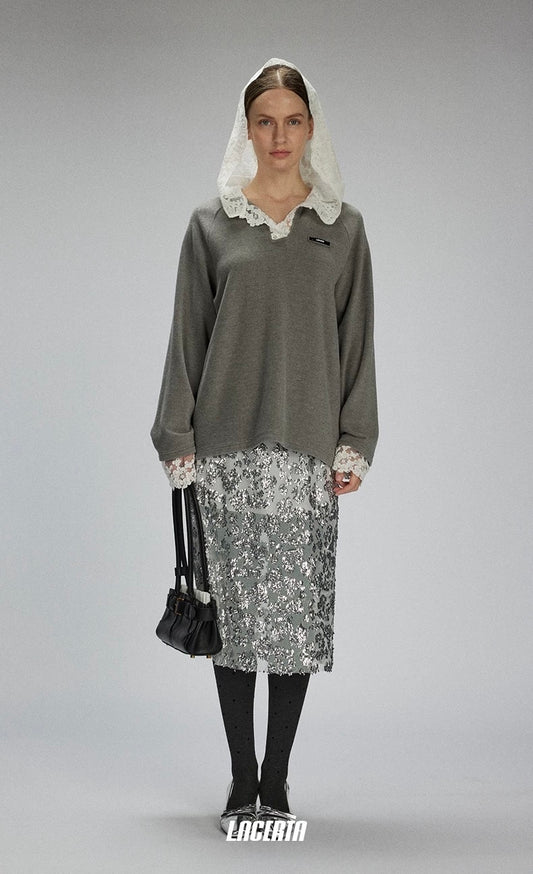 Oversized Lace-Hood Fleece Sweatshirt
