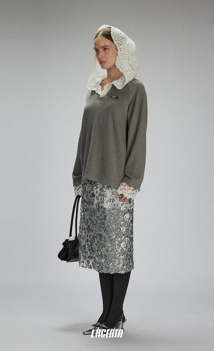Oversized Lace-Hood Fleece Sweatshirt