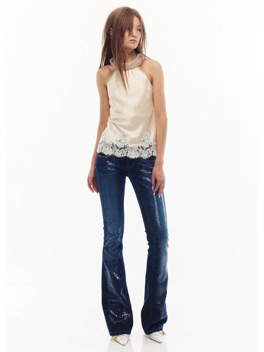 Lace-Trimmed Acetate Fur Collar Halter Top