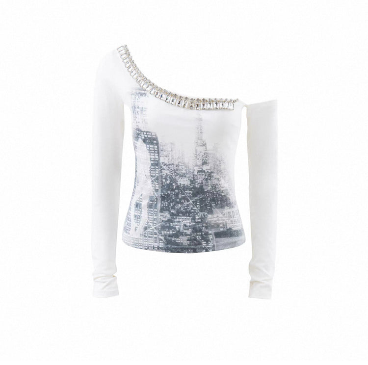 Printed Stretch Rhinestone Off-Shoulder Top