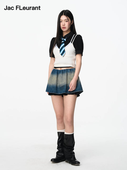 Blue White Paneled Slim-fit Camisole