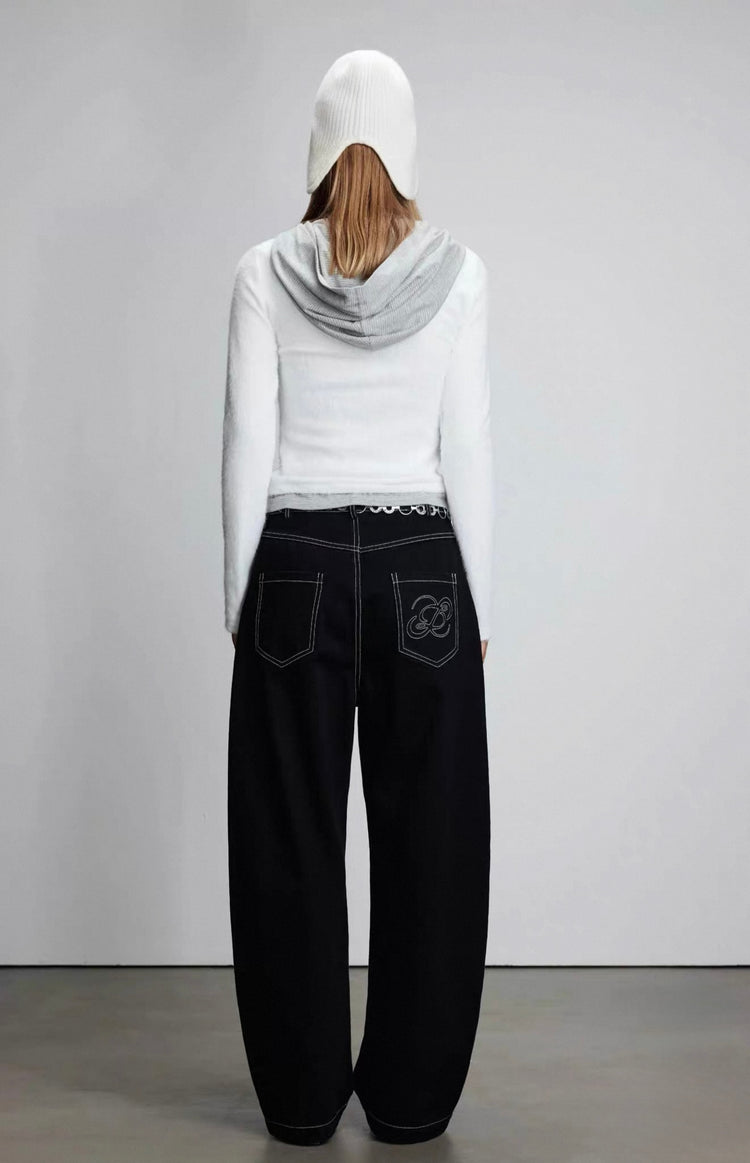 Knitted Patchwork Faux-Two-Piece Hooded Top
