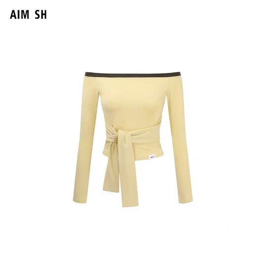 Contrast-Color Off-Shoulder Knotted Waist Fitted Top
