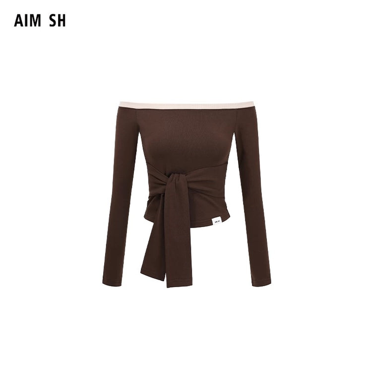 Contrast-Color Off-Shoulder Knotted Waist Fitted Top