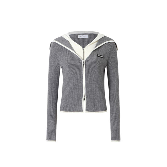 Navy-collar Faux-two-piece Zip Wool Knit Top