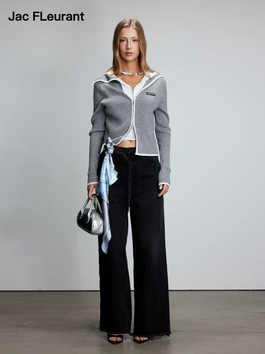 Navy-collar Faux-two-piece Zip Wool Knit Top