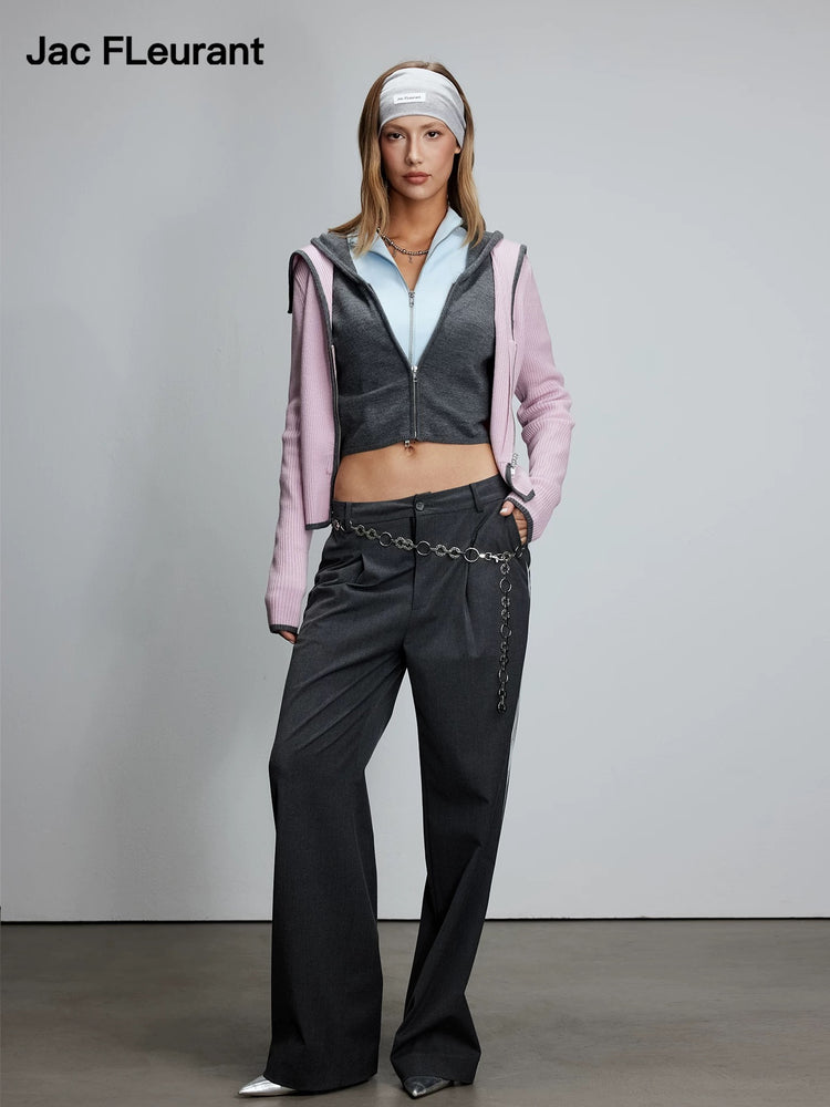 Navy-collar Faux-two-piece Zip Wool Knit Top