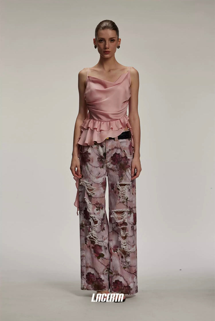 Satin Lace Cowl-neck Cami Top