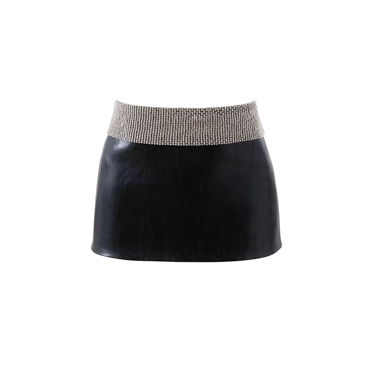 Rhinestone Chain–Embellished Faux Leather Skirt